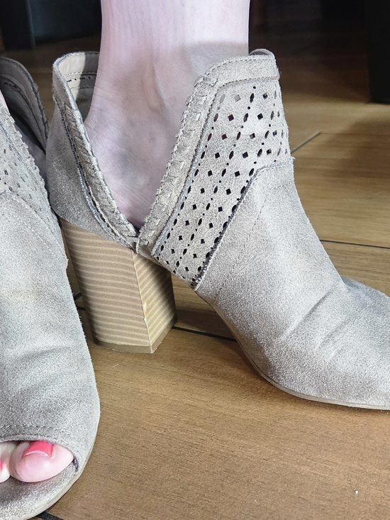 Fergalicious Shoes - Fergalicious Taupe Suede Perforated Cutout Block Heel Mules